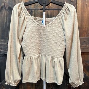 Old Navy Smocked Peplum Top L Gauzy Boho Peasant Y2K‎ Inspired Long Sleeves NWT